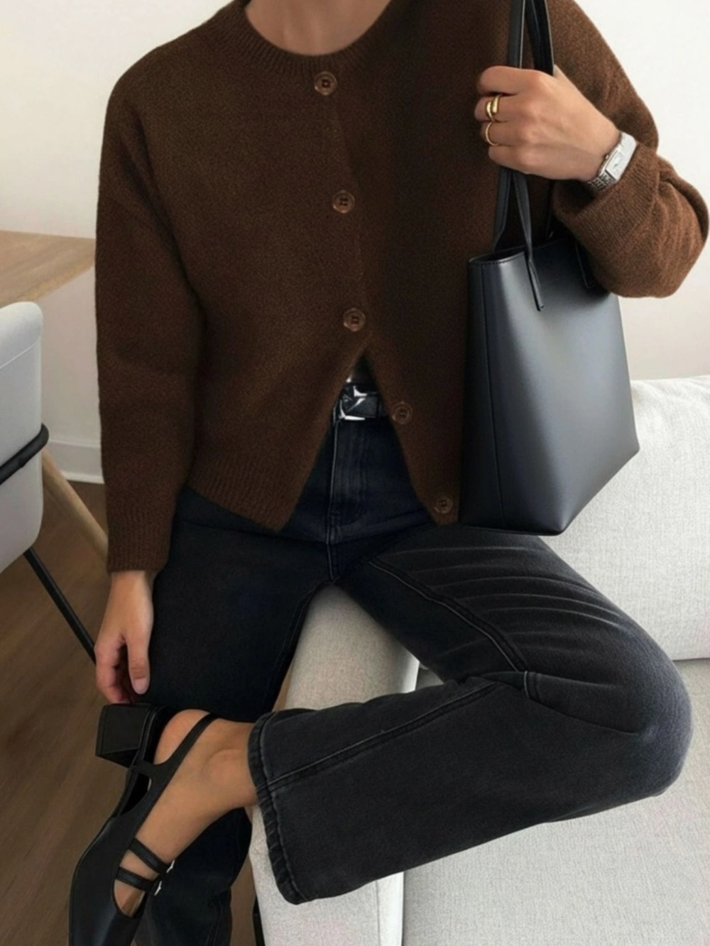 Brown Knit Button Through Cardigan Round Neck Long Sleeve